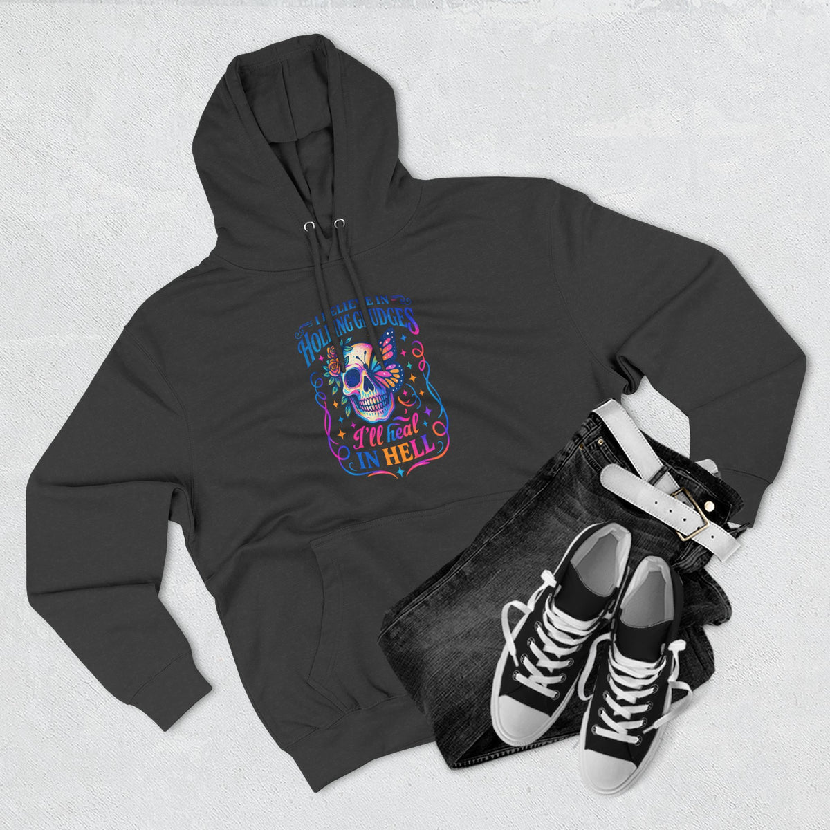 Skull & Butterfly Hoodie — "I Believe in Holding Grudges, I’ll Meet You in Hell" Graphic Hoodie