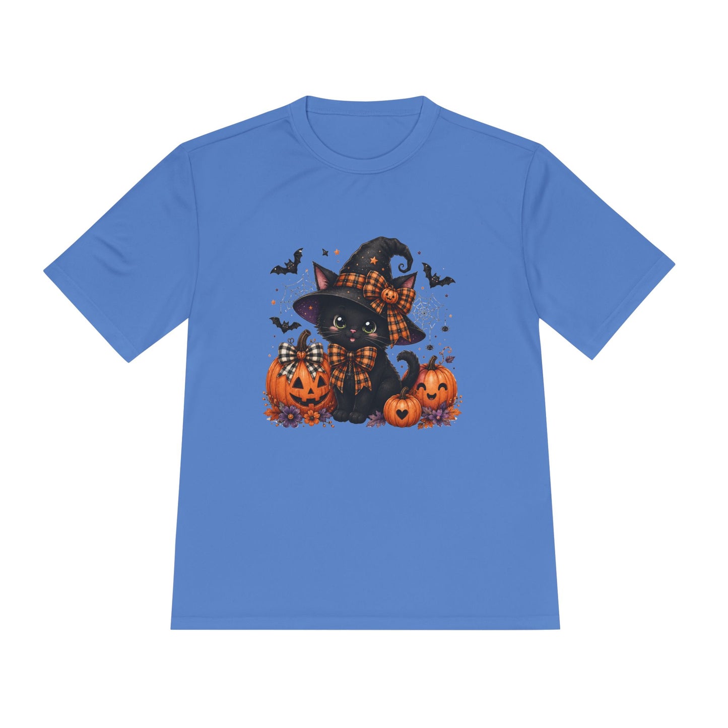 Halloween Witch Cat Tee — Cute Black Cat with Pumpkins & Bats Moisture‑Wicking Shirt