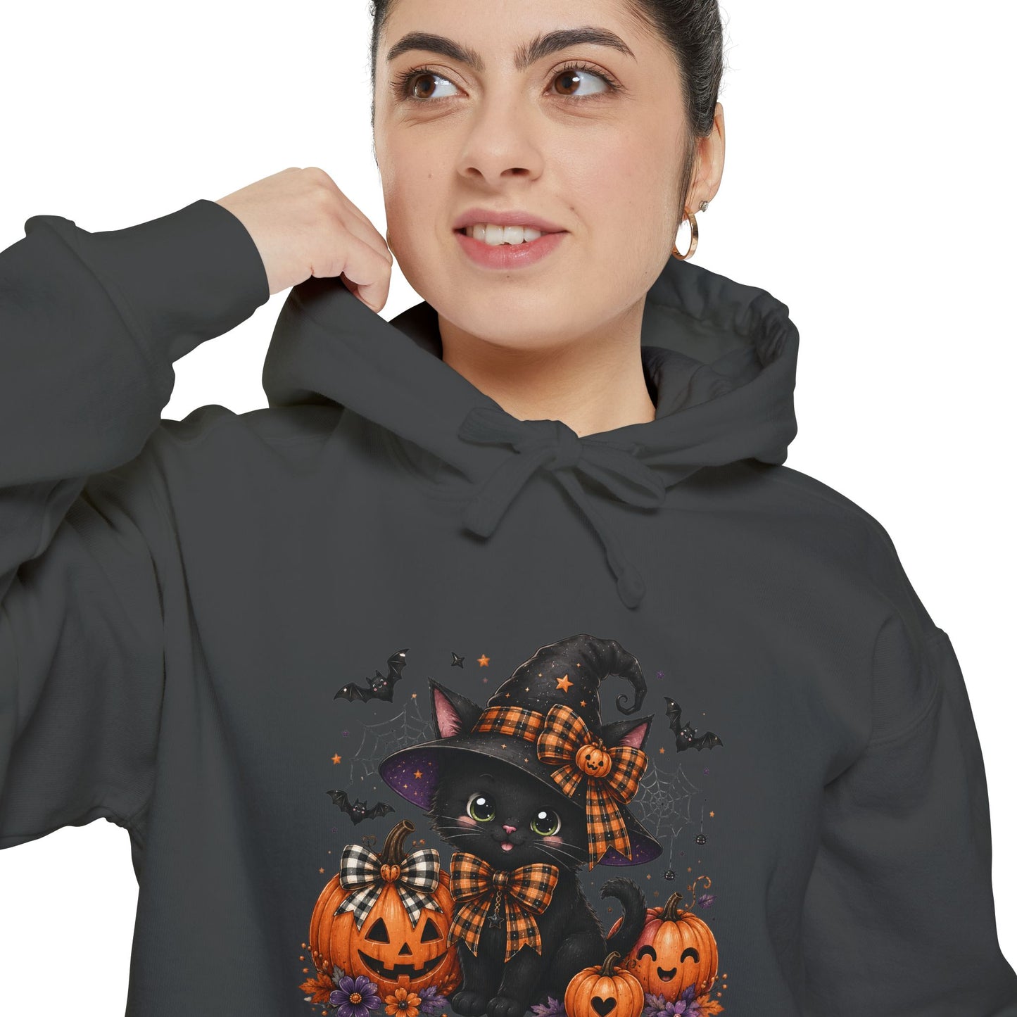 Halloween Cat Hoodie — Witch Hat Black Cat with Pumpkins & Bats