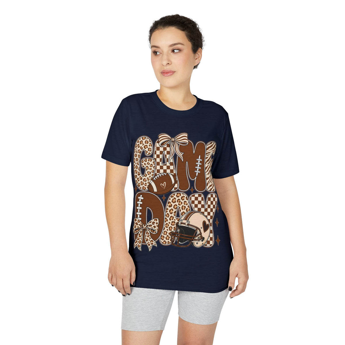 Game Day Mom Football T-Shirt — Leopard & Checkerboard Sport Design