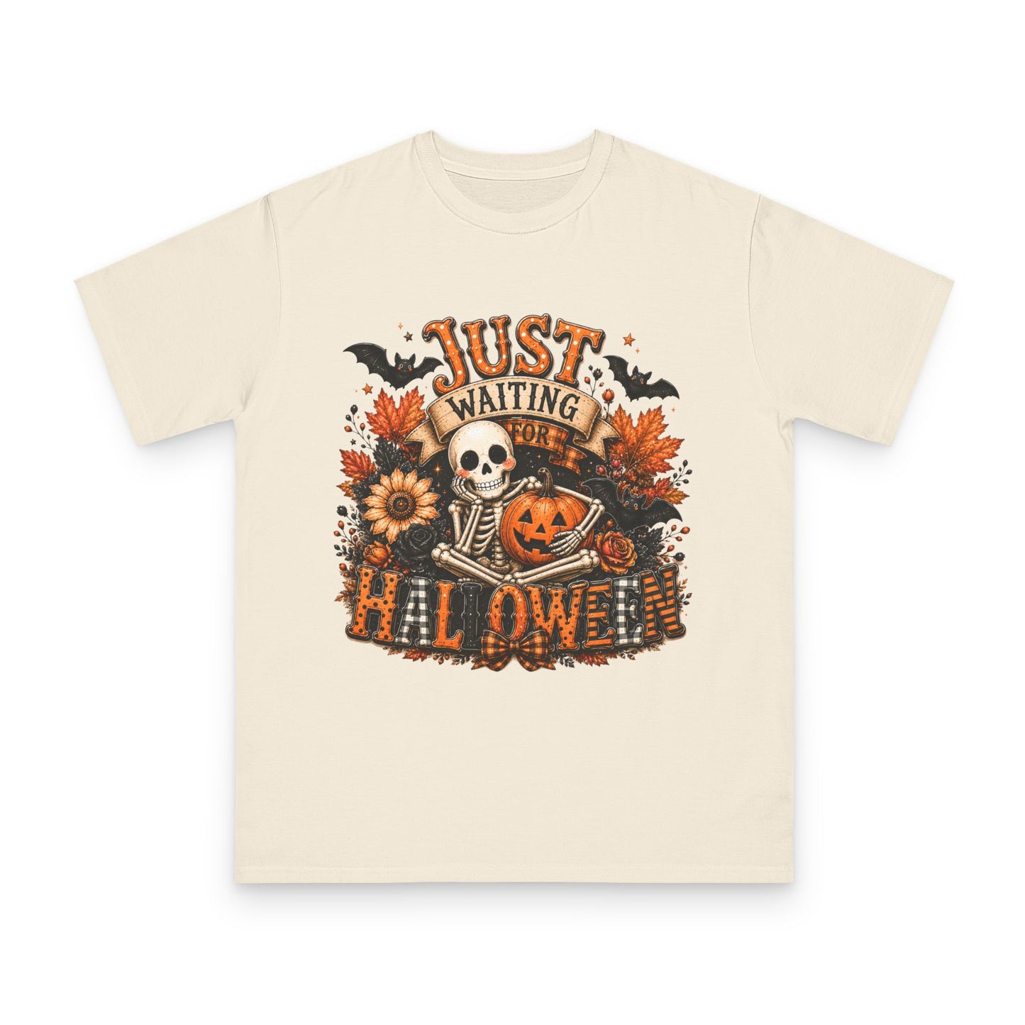 Just Waiting for Halloween T-Shirt — Skeleton Pumpkin Autumn Graphic Tee