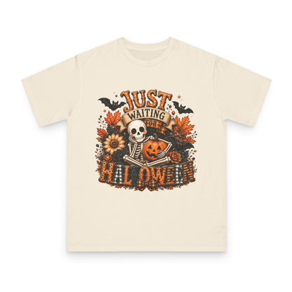 Just Waiting for Halloween T-Shirt — Skeleton Pumpkin Autumn Graphic Tee