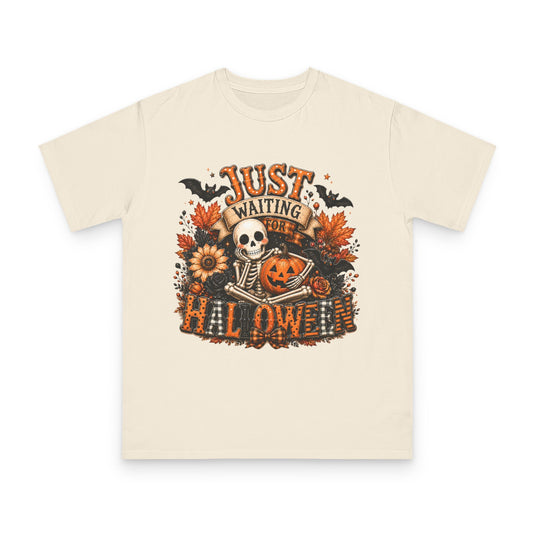 Just Waiting for Halloween T-Shirt — Skeleton Pumpkin Autumn Graphic Tee