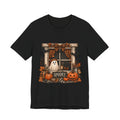 Spooky Window Halloween Tee — Ghost, Pumpkins & Plaid Fall Shirt