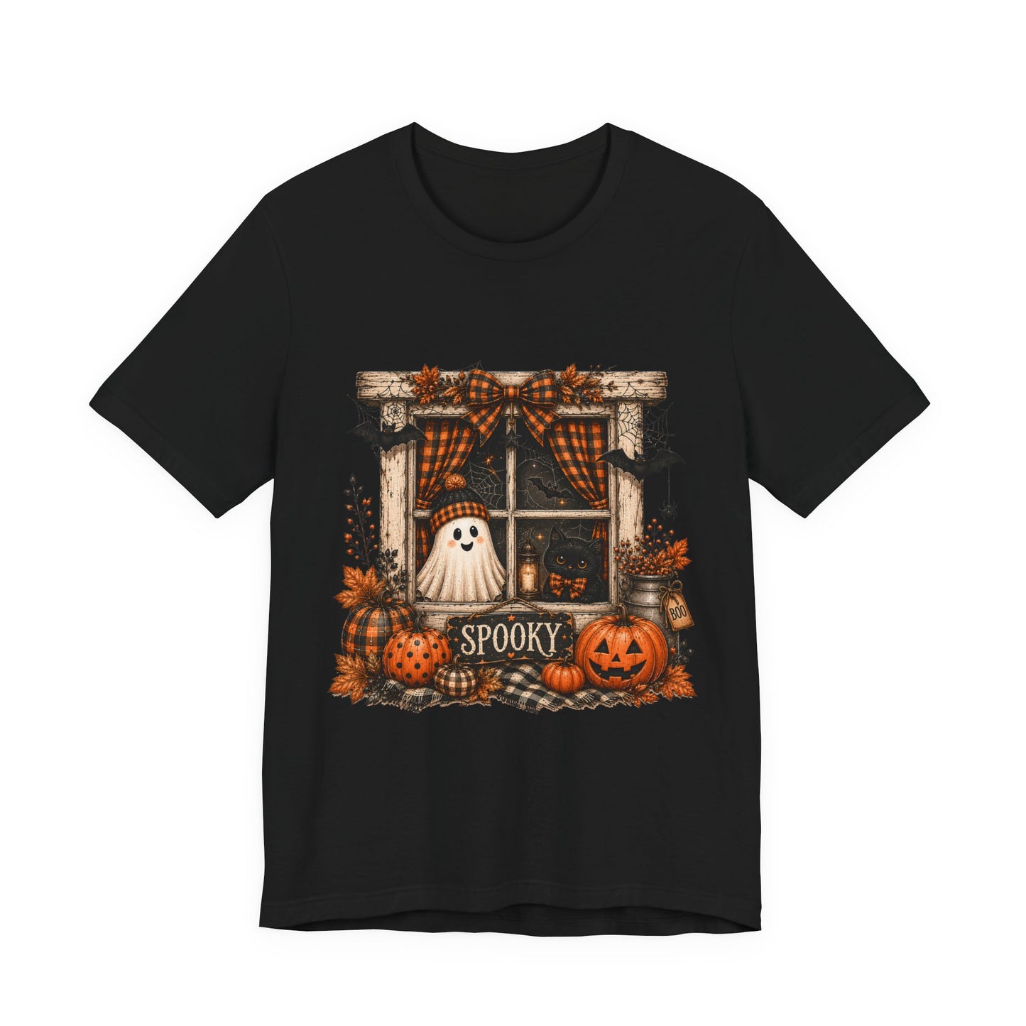 Spooky Window Halloween Tee — Ghost, Pumpkins & Plaid Fall Shirt