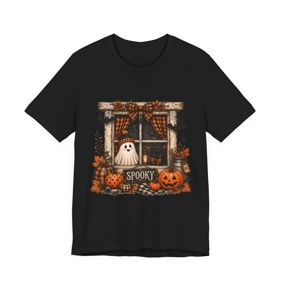 Spooky Window Halloween Tee — Ghost, Pumpkins & Plaid Fall Shirt