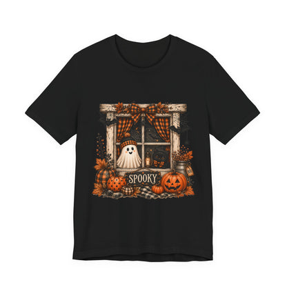 Spooky Window Halloween Tee — Ghost, Pumpkins & Plaid Fall Shirt