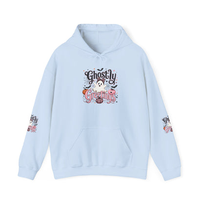 Ghostly Greetings Hoodie — Cute Retro Halloween Ghost Pullover
