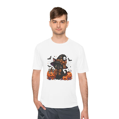 Halloween Witch Cat Tee — Cute Black Cat with Pumpkins & Bats Moisture‑Wicking Shirt