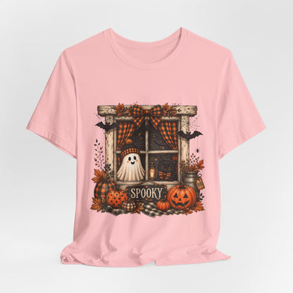 Spooky Window Halloween Tee — Ghost, Pumpkins & Plaid Fall Shirt