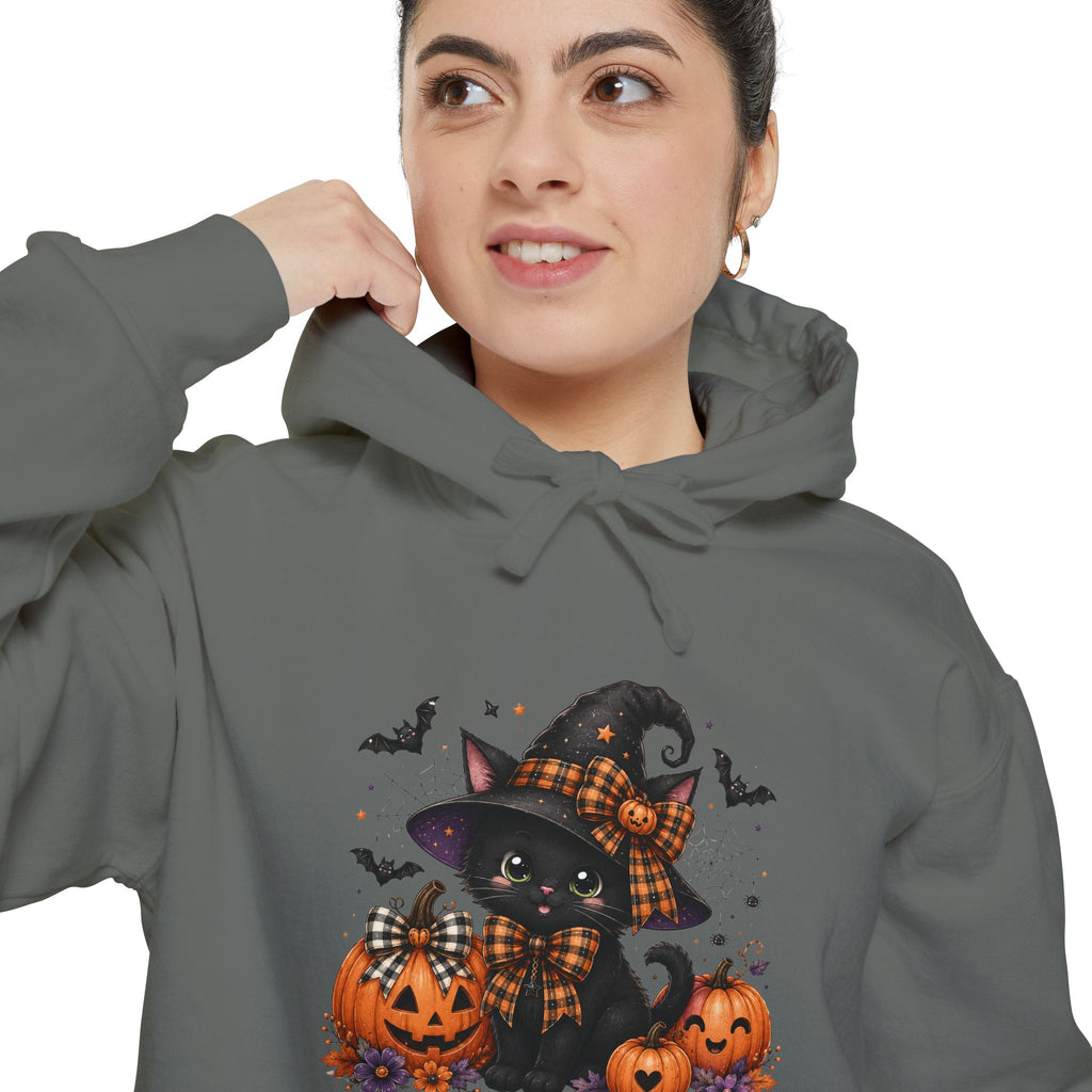 Halloween Cat Hoodie — Witch Hat Black Cat with Pumpkins & Bats