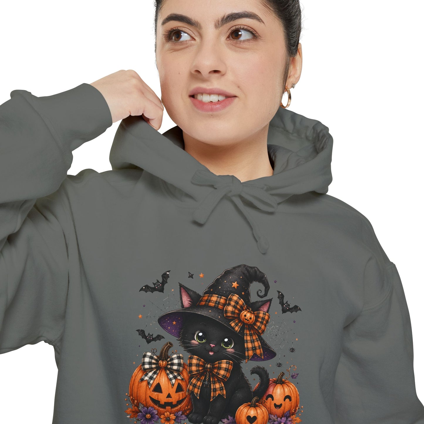 Halloween Cat Hoodie — Witch Hat Black Cat with Pumpkins & Bats