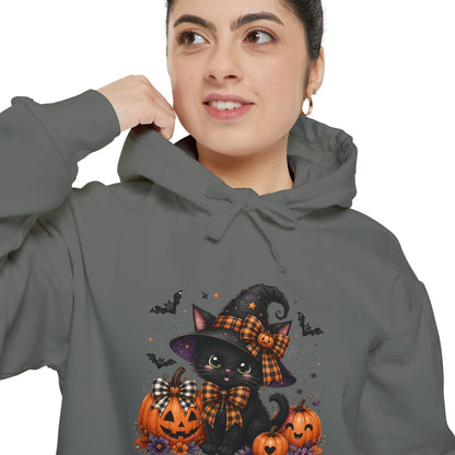 Halloween Cat Hoodie — Witch Hat Black Cat with Pumpkins & Bats