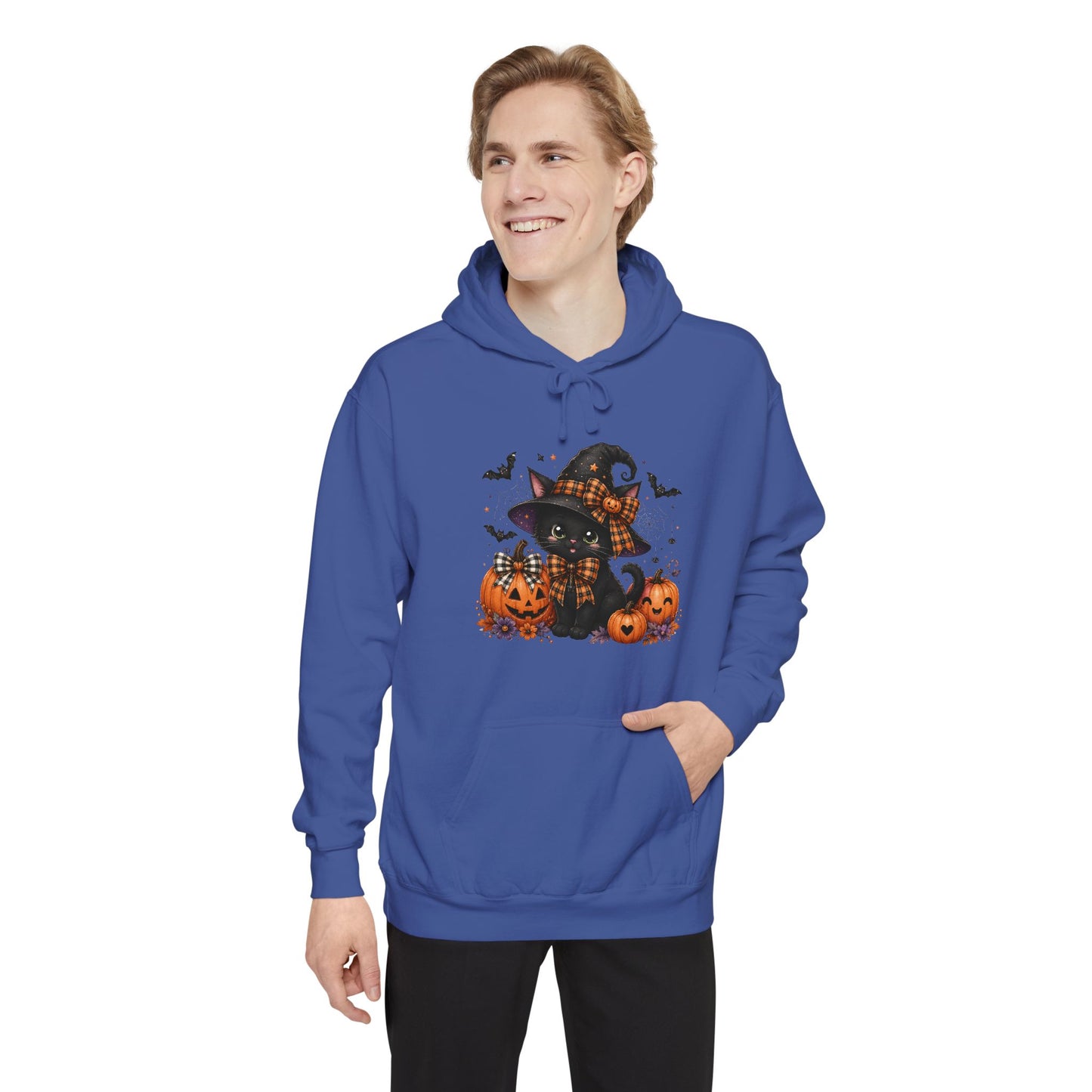 Halloween Cat Hoodie — Witch Hat Black Cat with Pumpkins & Bats