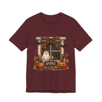 Spooky Window Halloween Tee — Ghost, Pumpkins & Plaid Fall Shirt