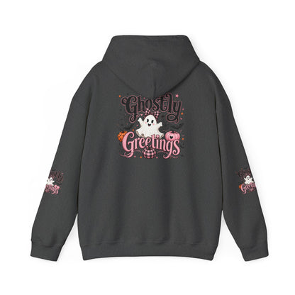 Ghostly Greetings Hoodie — Cute Retro Halloween Ghost Pullover