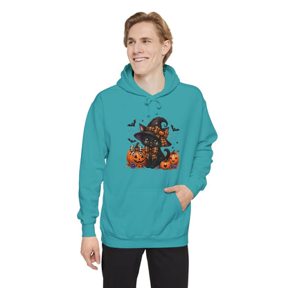 Halloween Cat Hoodie — Witch Hat Black Cat with Pumpkins & Bats