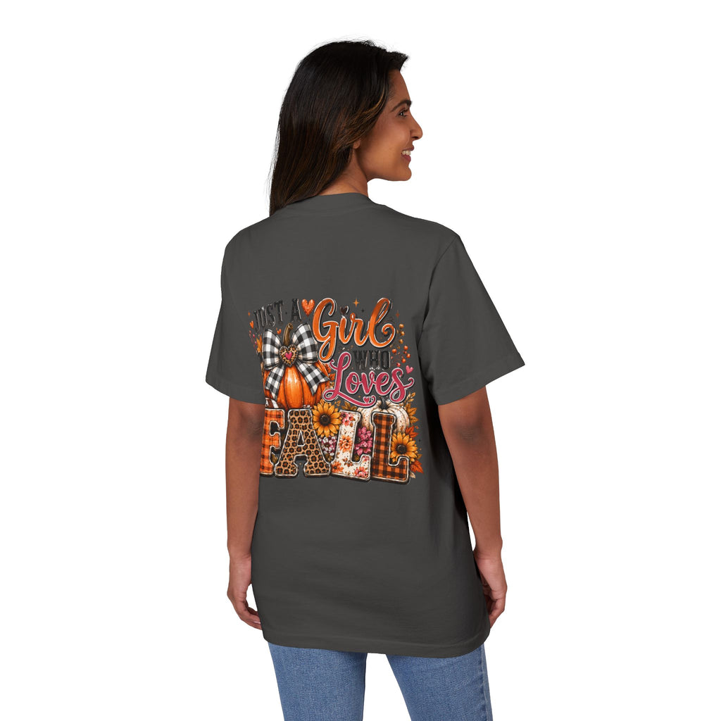 Fall Graphic T‑Shirt — "Just a Girl Who Loves Fall" Pumpkin Plaid Tee