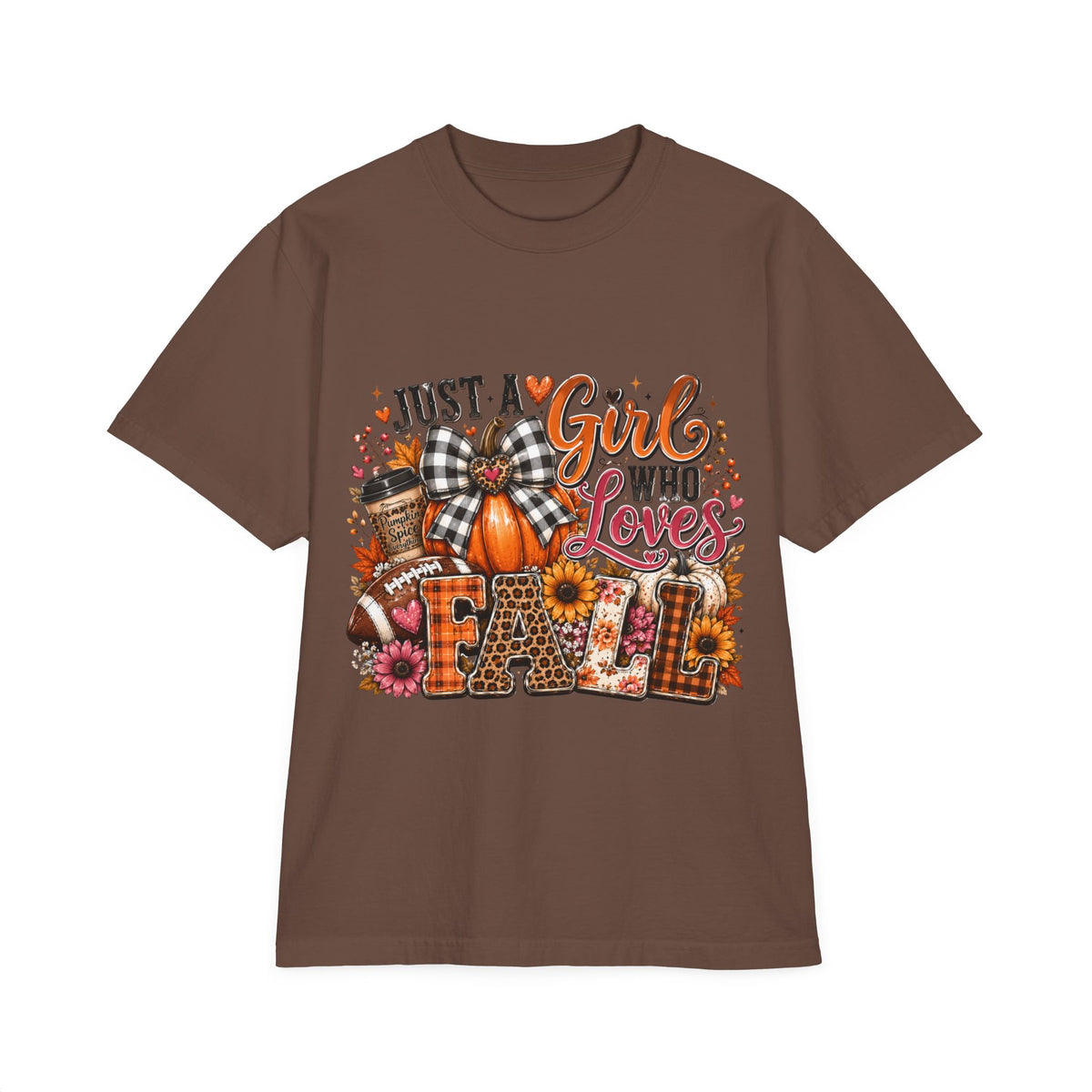 Fall Graphic T‑Shirt — "Just a Girl Who Loves Fall" Pumpkin Plaid Tee