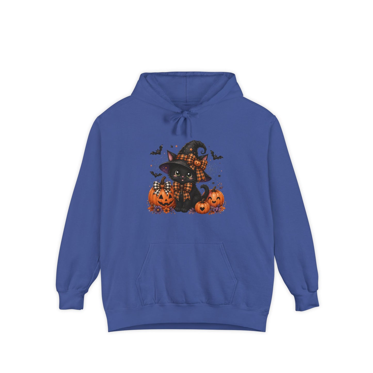Halloween Cat Hoodie — Witch Hat Black Cat with Pumpkins & Bats