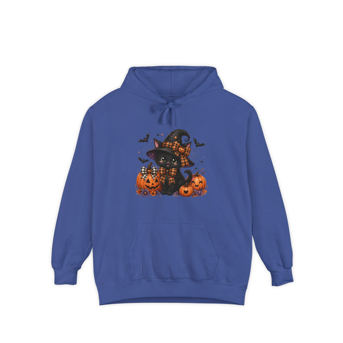 Halloween Cat Hoodie — Witch Hat Black Cat with Pumpkins & Bats