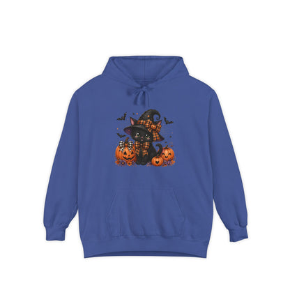 Halloween Cat Hoodie — Witch Hat Black Cat with Pumpkins & Bats