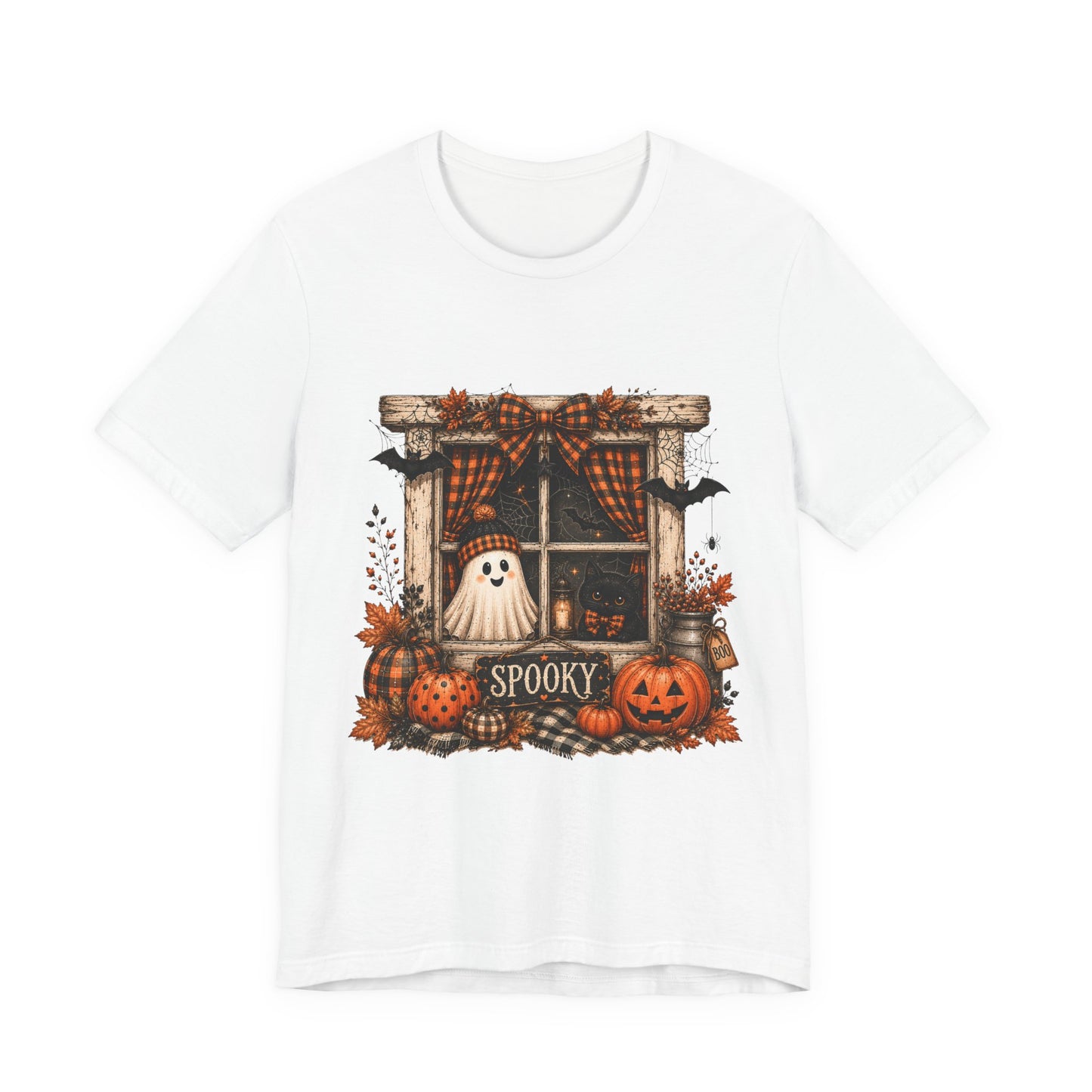 Spooky Window Halloween Tee — Ghost, Pumpkins & Plaid Fall Shirt