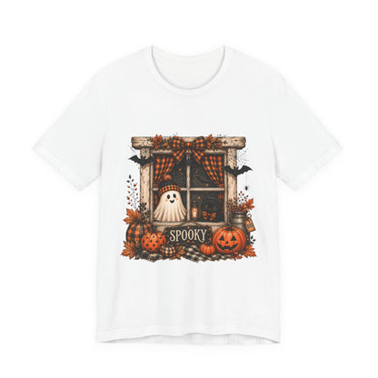 Spooky Window Halloween Tee — Ghost, Pumpkins & Plaid Fall Shirt