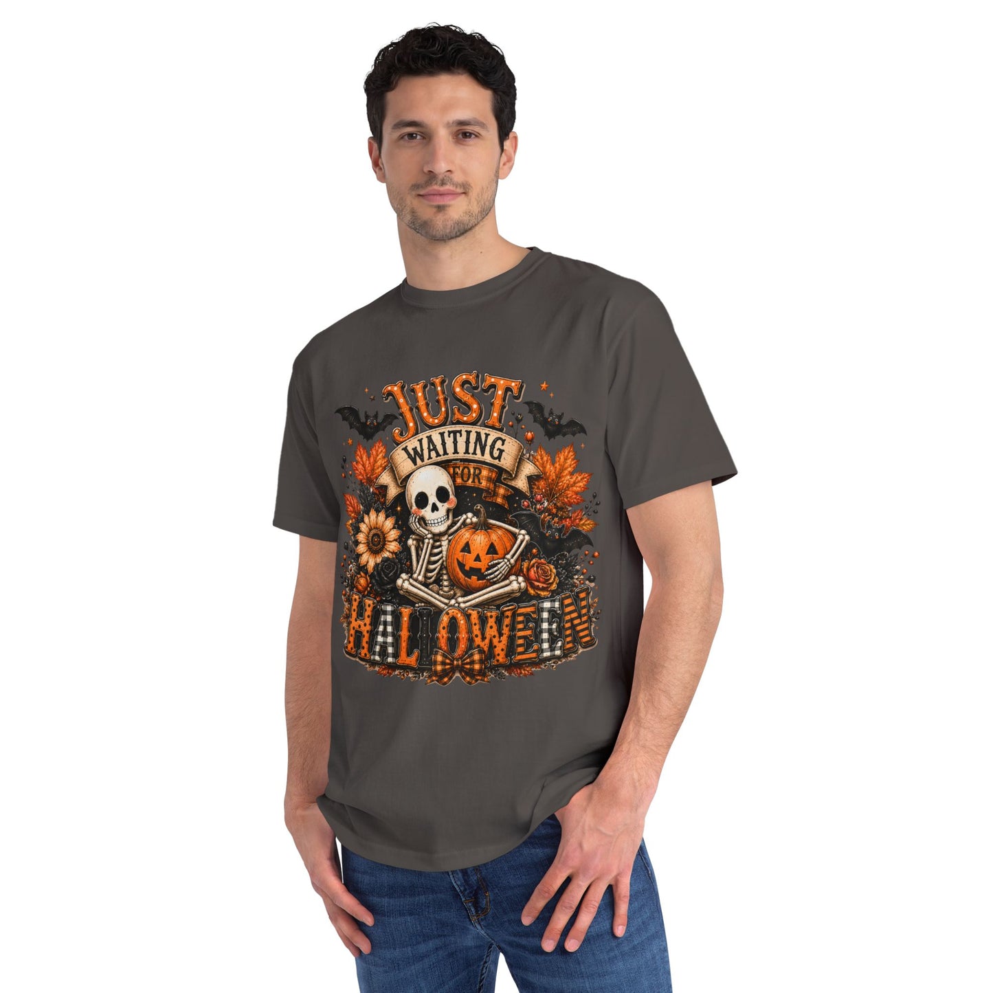 Just Waiting for Halloween T-Shirt — Skeleton Pumpkin Autumn Graphic Tee