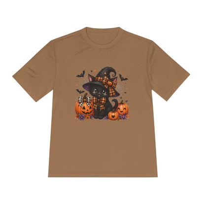 Halloween Witch Cat Tee — Cute Black Cat with Pumpkins & Bats Moisture‑Wicking Shirt