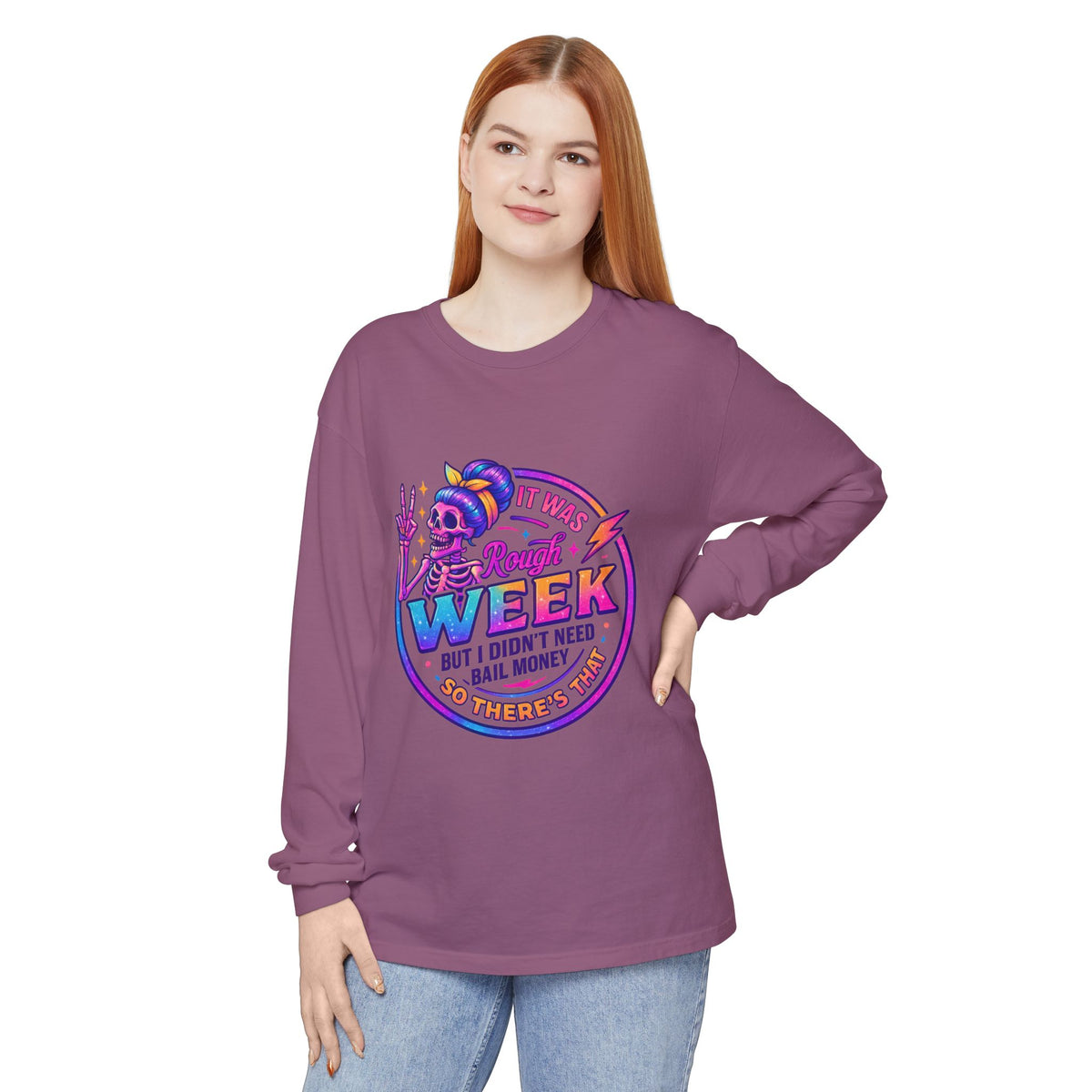 Long Sleeve T-Shirt — “It Was a Rough Week” Retro Skull Graphic