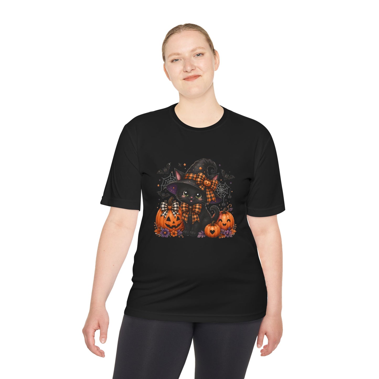 Halloween Witch Cat Tee — Cute Black Cat with Pumpkins & Bats Moisture‑Wicking Shirt