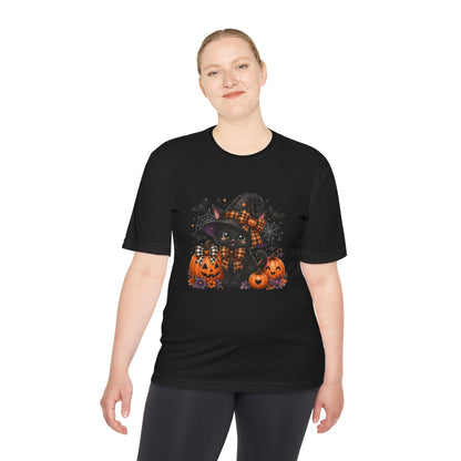 Halloween Witch Cat Tee — Cute Black Cat with Pumpkins & Bats Moisture‑Wicking Shirt
