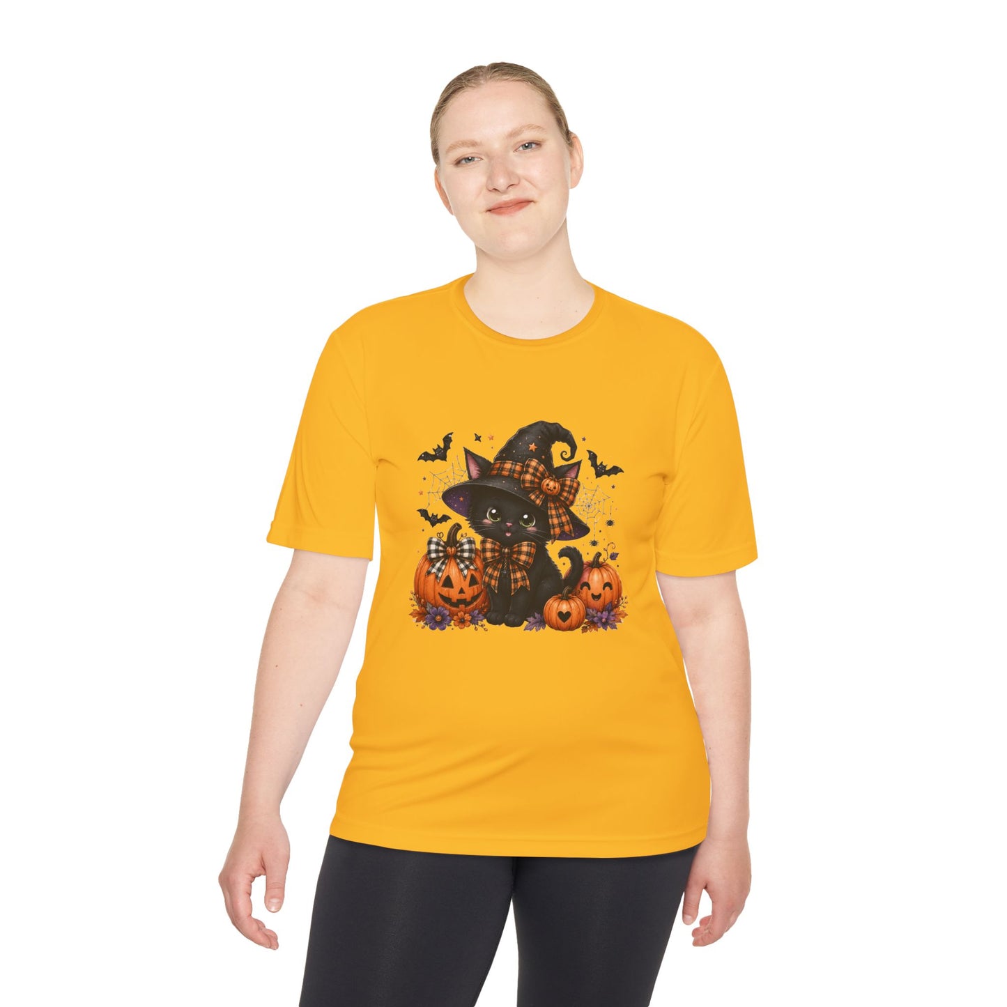 Halloween Witch Cat Tee — Cute Black Cat with Pumpkins & Bats Moisture‑Wicking Shirt
