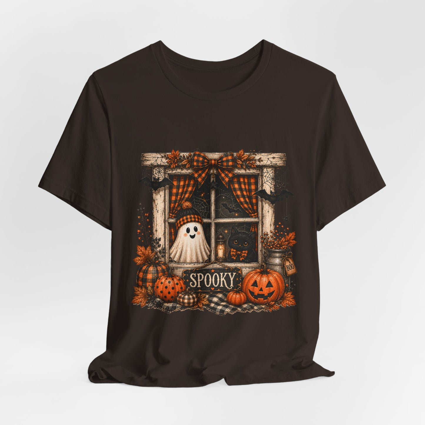 Spooky Window Halloween Tee — Ghost, Pumpkins & Plaid Fall Shirt