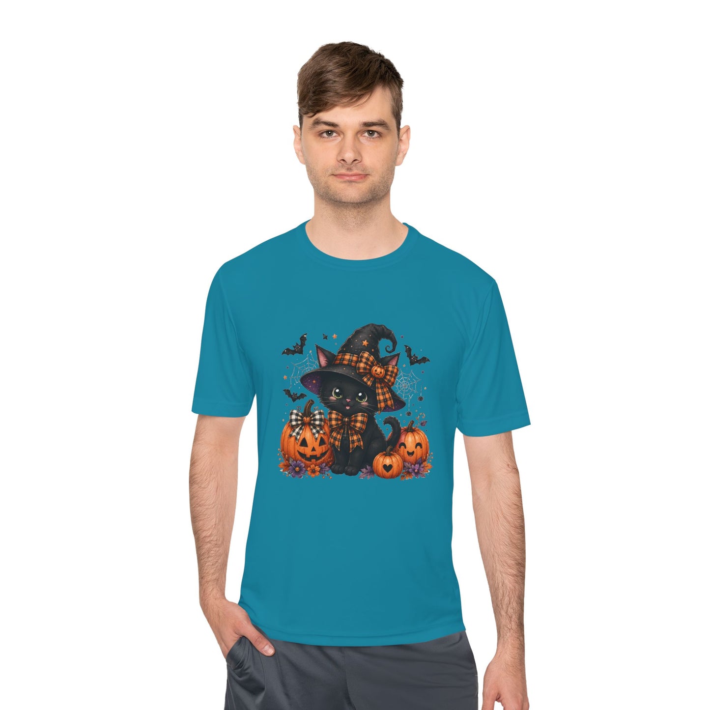 Halloween Witch Cat Tee — Cute Black Cat with Pumpkins & Bats Moisture‑Wicking Shirt