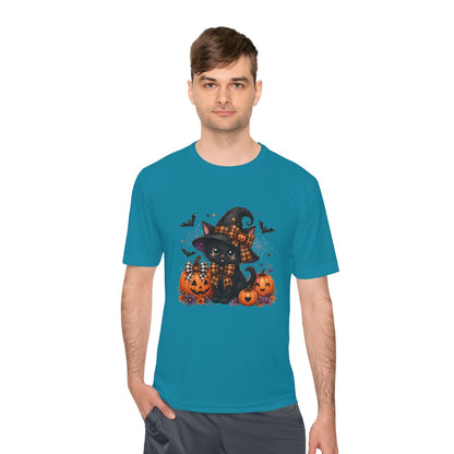Halloween Witch Cat Tee — Cute Black Cat with Pumpkins & Bats Moisture‑Wicking Shirt