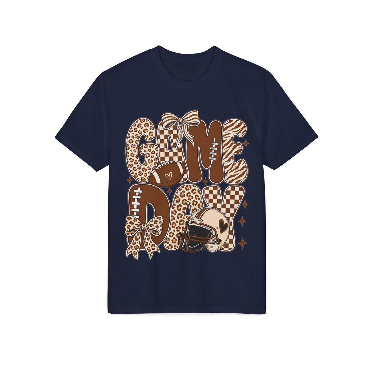Game Day Mom Football T-Shirt — Leopard & Checkerboard Sport Design