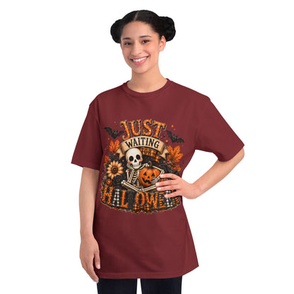 Just Waiting for Halloween T-Shirt — Skeleton Pumpkin Autumn Graphic Tee