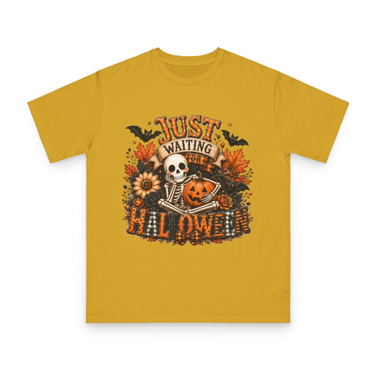 Just Waiting for Halloween T-Shirt — Skeleton Pumpkin Autumn Graphic Tee
