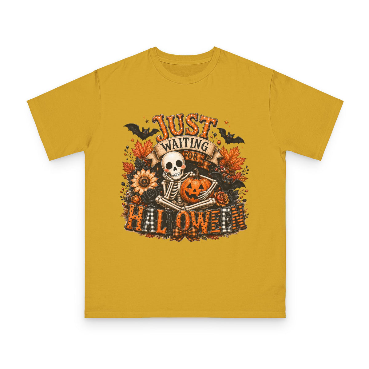 Just Waiting for Halloween T-Shirt — Skeleton Pumpkin Autumn Graphic Tee