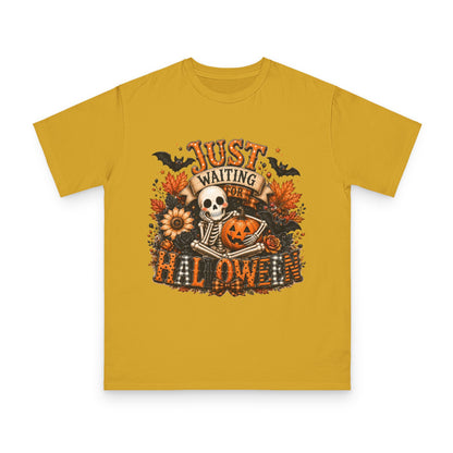 Just Waiting for Halloween T-Shirt — Skeleton Pumpkin Autumn Graphic Tee