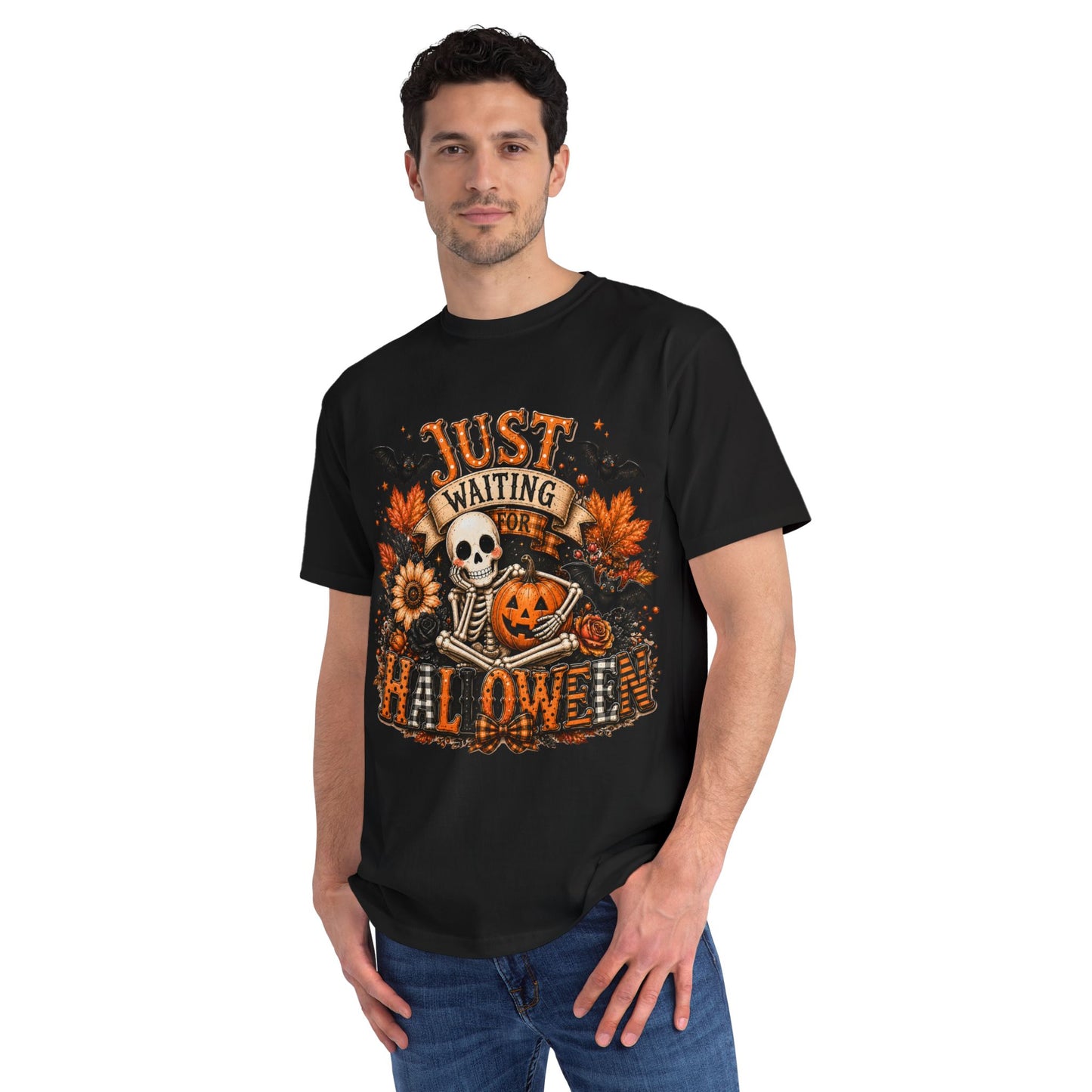 Just Waiting for Halloween T-Shirt — Skeleton Pumpkin Autumn Graphic Tee