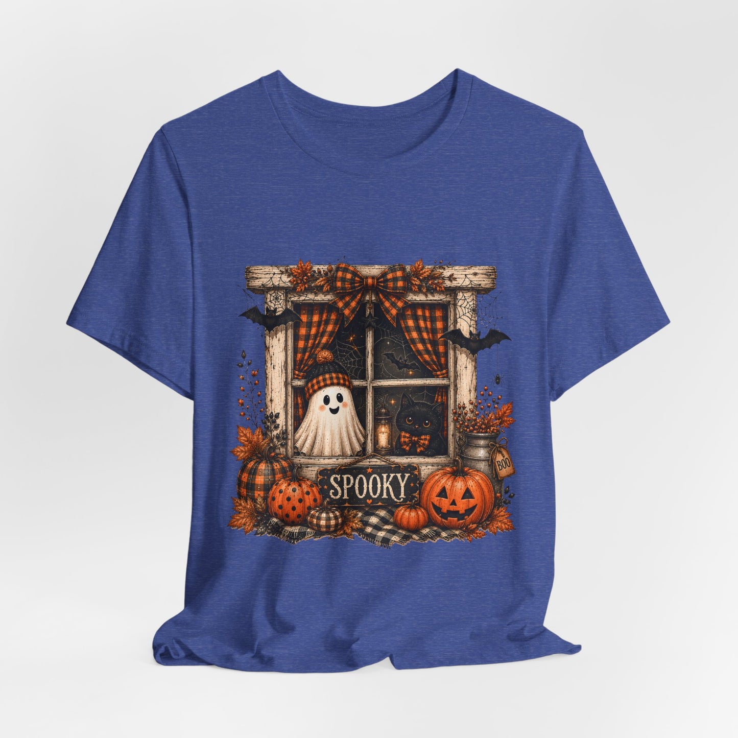 Spooky Window Halloween Tee — Ghost, Pumpkins & Plaid Fall Shirt