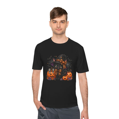 Halloween Witch Cat Tee — Cute Black Cat with Pumpkins & Bats Moisture‑Wicking Shirt