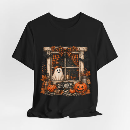 Spooky Window Halloween Tee — Ghost, Pumpkins & Plaid Fall Shirt