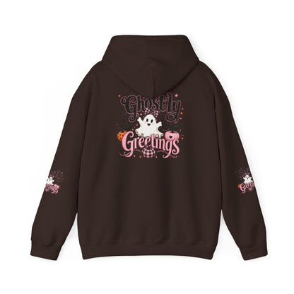 Ghostly Greetings Hoodie — Cute Retro Halloween Ghost Pullover