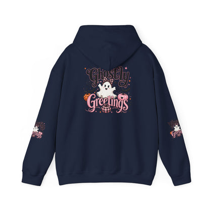 Ghostly Greetings Hoodie — Cute Retro Halloween Ghost Pullover