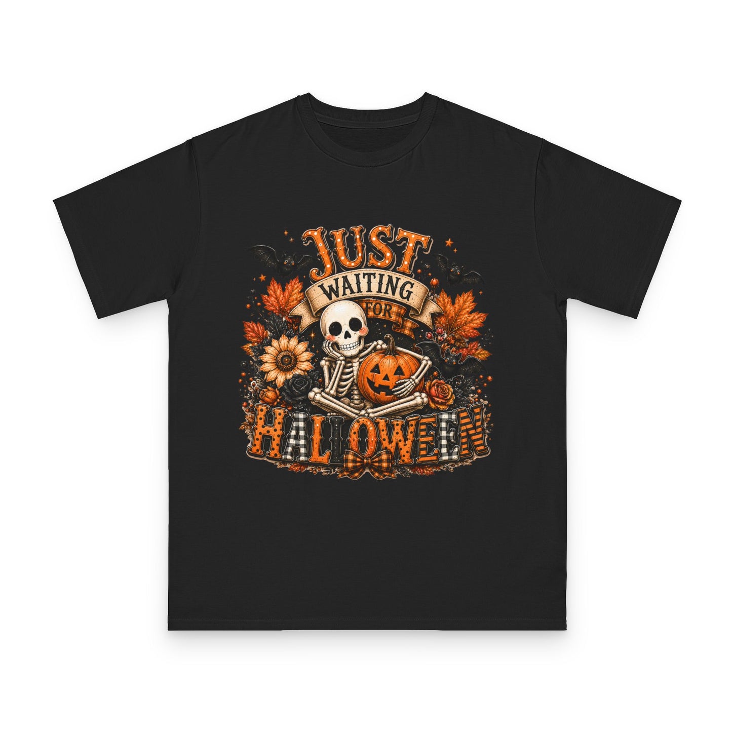 Just Waiting for Halloween T-Shirt — Skeleton Pumpkin Autumn Graphic Tee