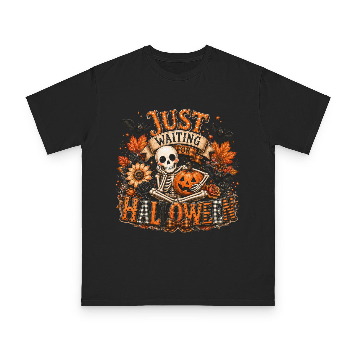 Just Waiting for Halloween T-Shirt — Skeleton Pumpkin Autumn Graphic Tee